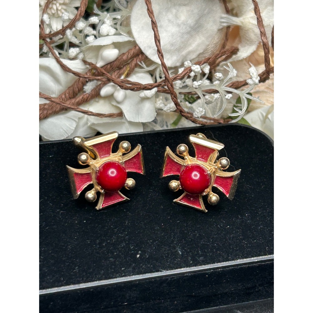 Vintage Red Enamel Maltese Cross Cufflinks Gold Tone Medieval Gothic Men's
